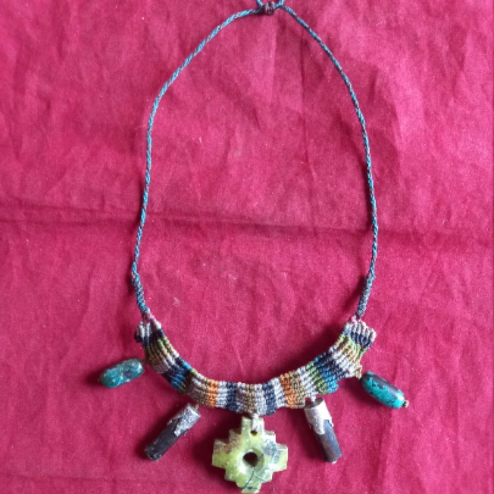 Peruvian necklace woven in macrame thread and natural stone chakana Inca